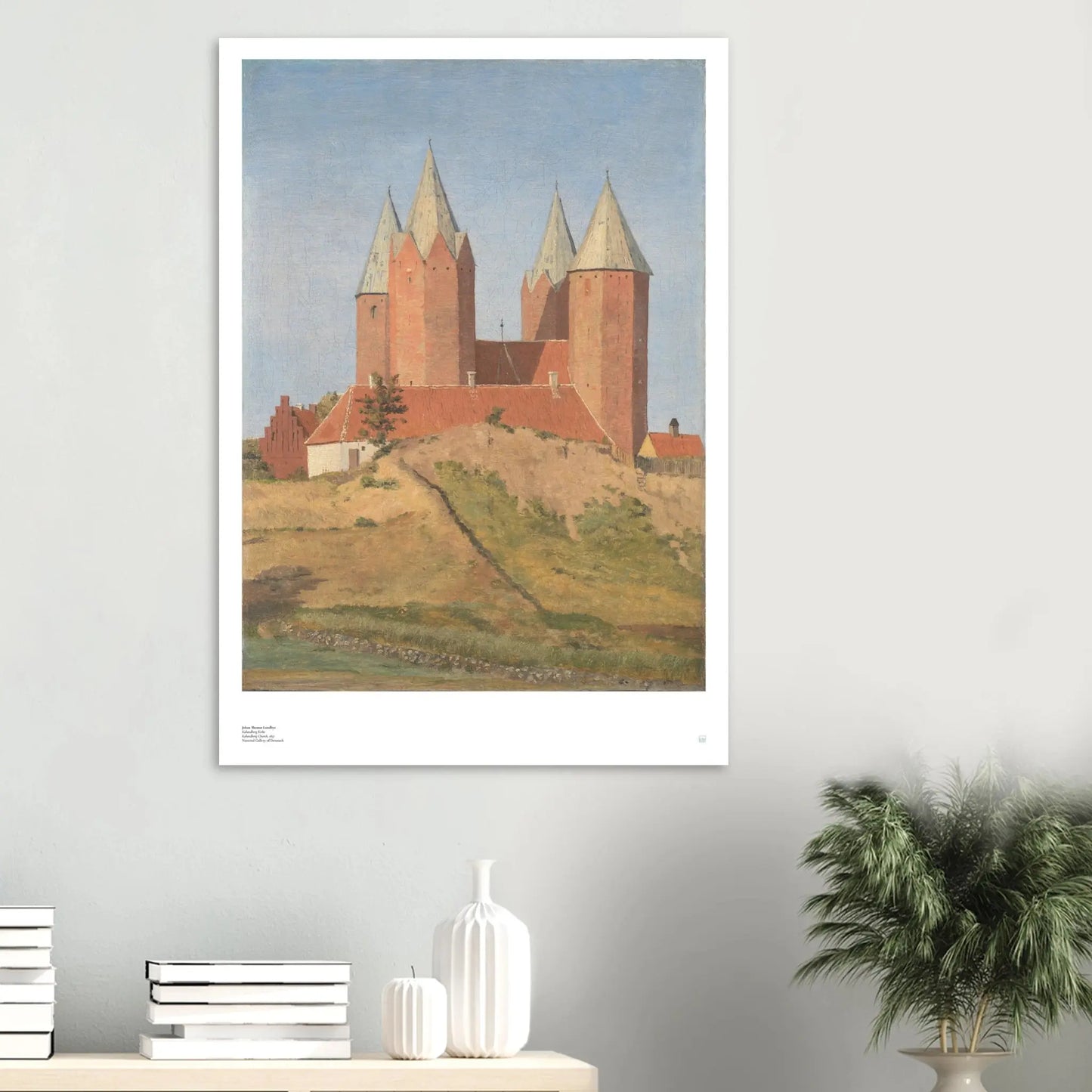 J.T. Lundbye, ‘Kalundborg Church’ (1837) — Danish Golden Age poster with five-tower church and clear architectural lines on wall.