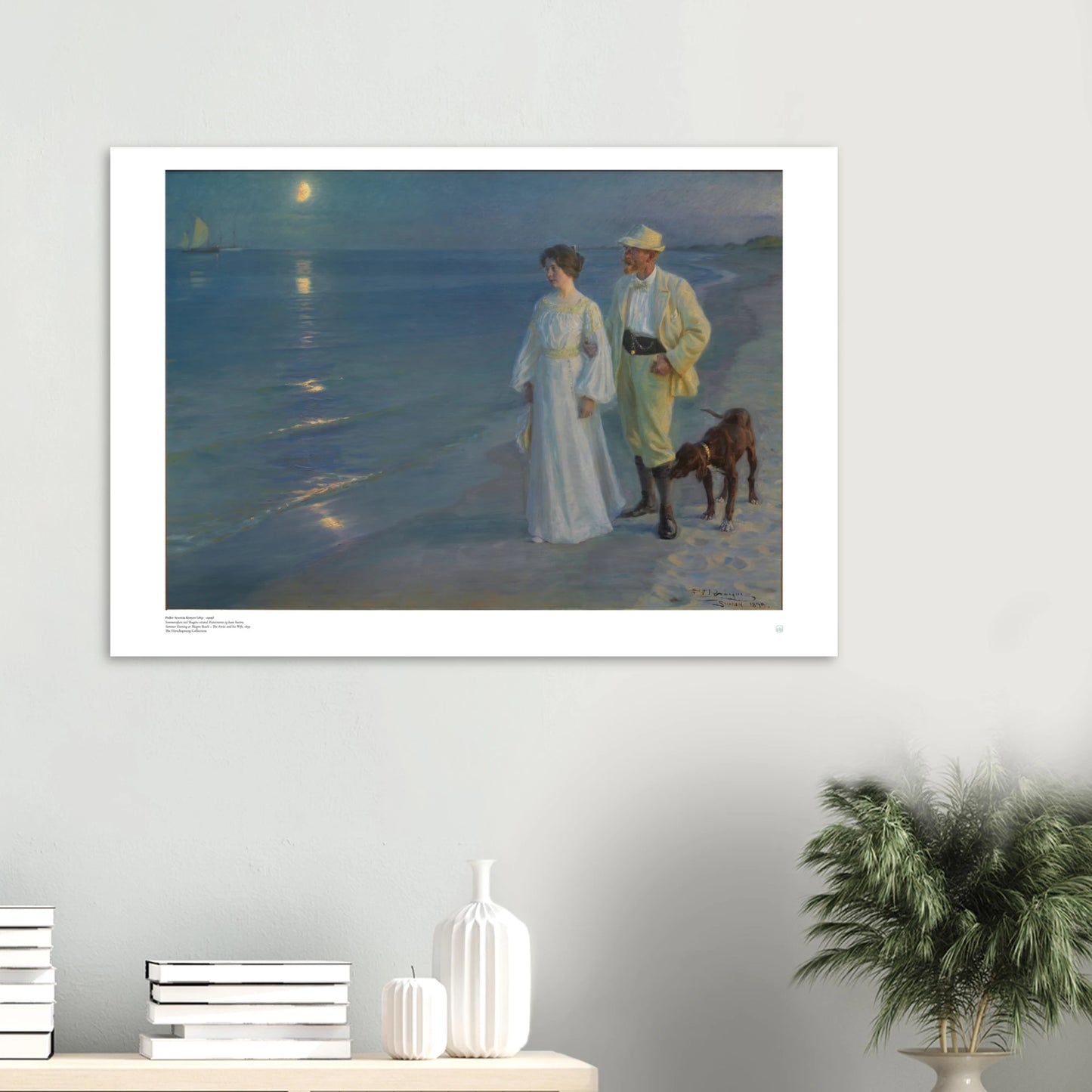 P.S. Krøyer, ‘Summer Evening on Skagen’s Beach’ (1893) — Danish coastal poster in blue hour with two figures walking by the sea on wall 100x70 40x28