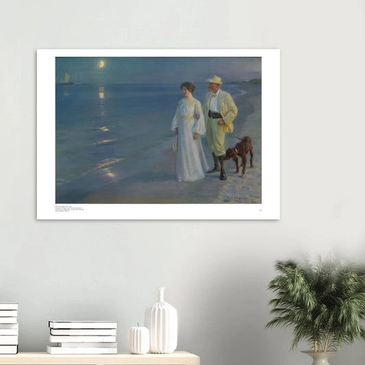 P.S. Krøyer, ‘Summer Evening on Skagen’s Beach’ (1893) — Danish coastal poster in blue hour with two figures walking by the sea on wall 100x70 40x28