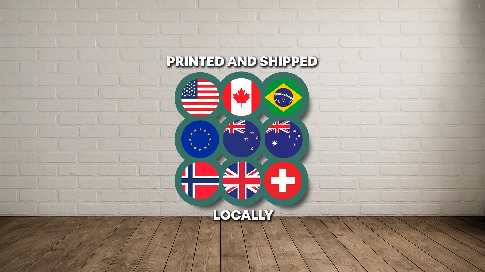 Flags with text: Printed and shipped locally