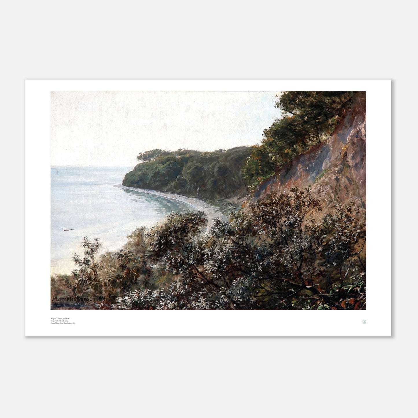 August Andreas Jerndorff, ‘Coastal Scene from Marselisborg’ (1869) — Danish coastal poster with calm shoreline, clear sky, and gentle surf.