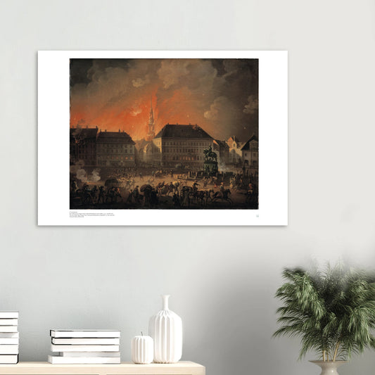 C.A. Lorentzen, ‘Kongens Nytorv during the Bombardment’ (1807) — Danish history poster with night scene, rockets, and civilians in Copenhagen on wall.