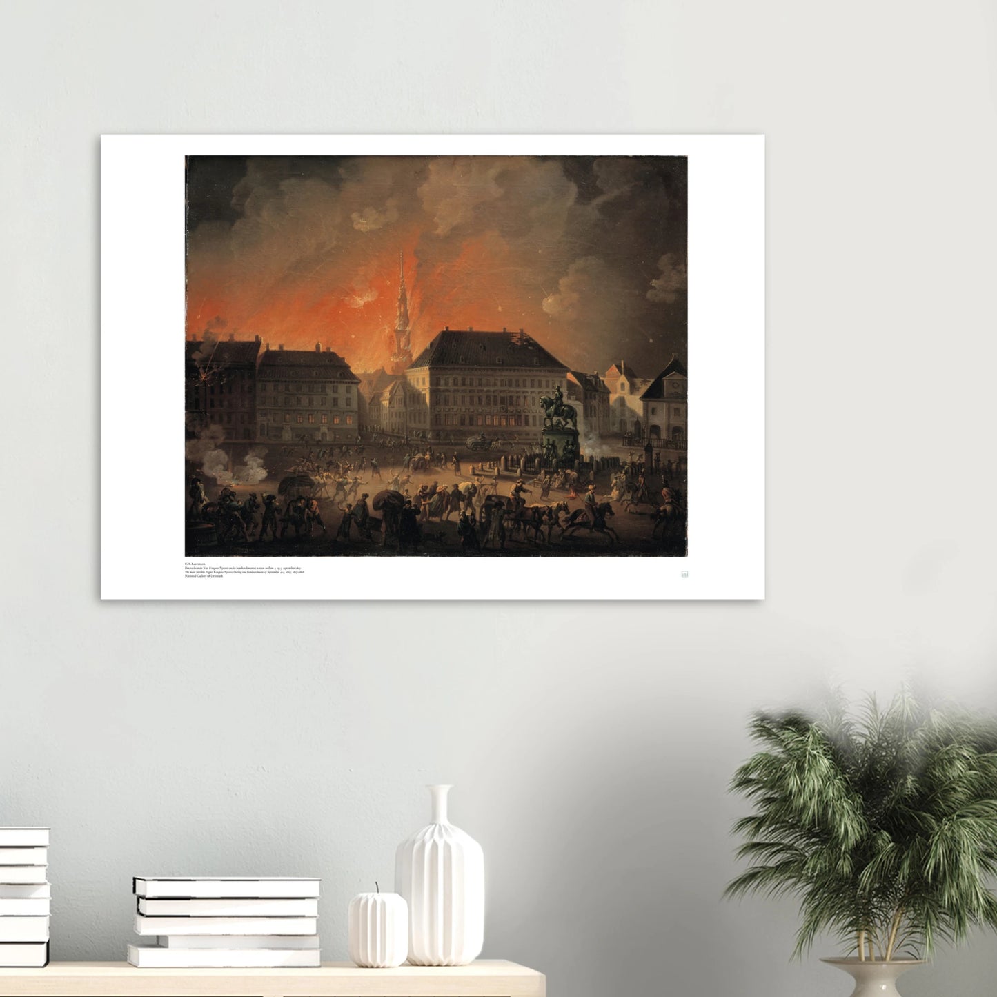 C.A. Lorentzen, ‘Kongens Nytorv during the Bombardment’ (1807) — Danish history poster with night scene, rockets, and civilians in Copenhagen on wall.