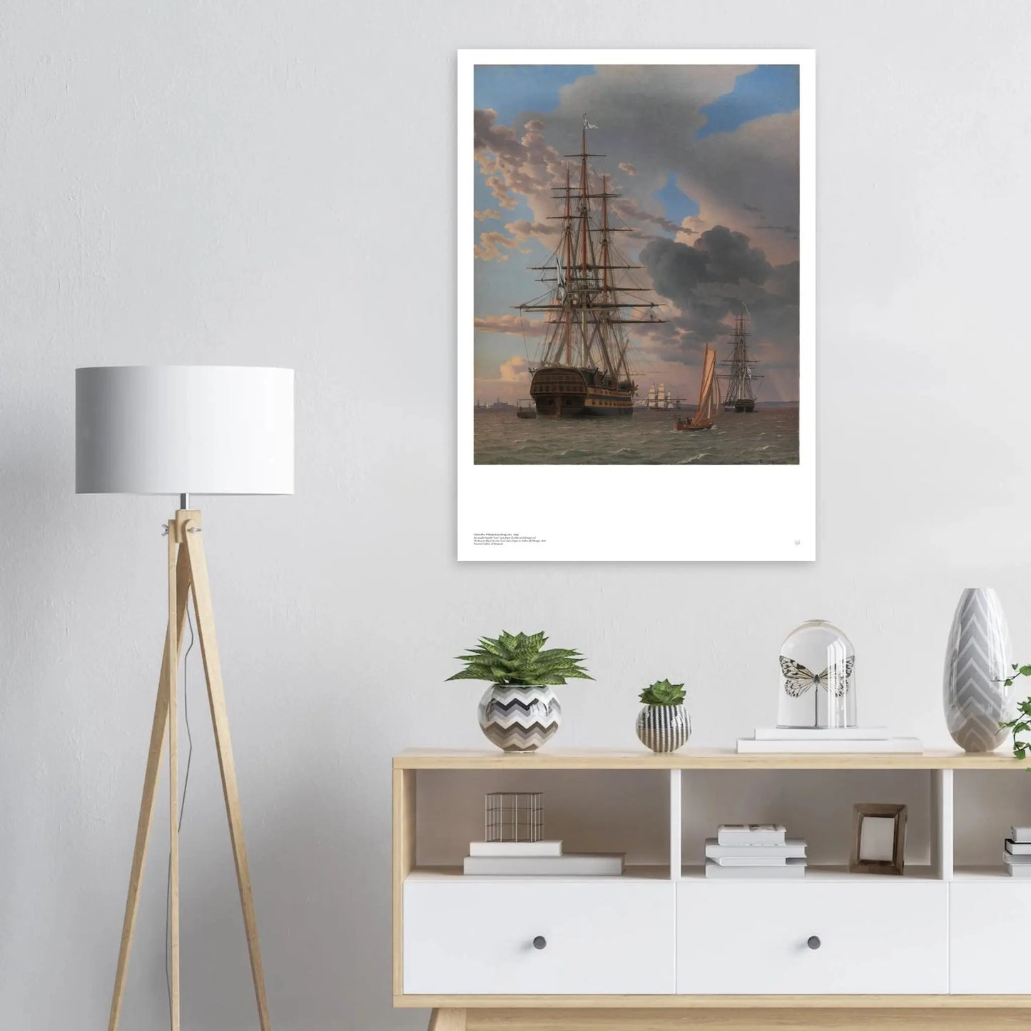 C.W. Eckersberg, ‘The Russian Ship Asow and a Frigate at Anchor off Elsinore’ (1828) — Danish maritime poster with anchored ships in clear Golden Age light on wall.