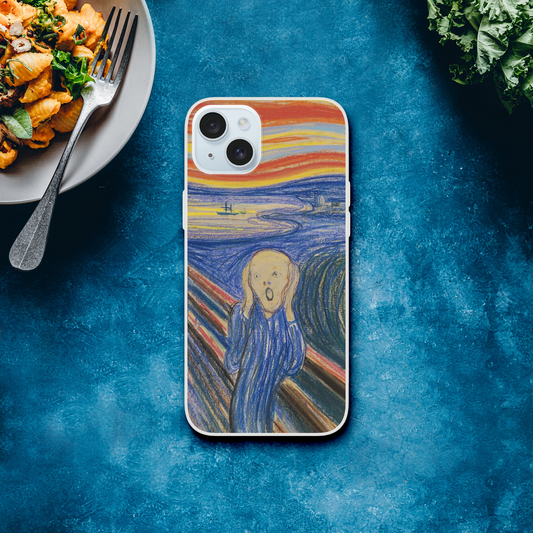 Edvard Munch, ‘The Scream’ (1895, pastel) — frosted Flexi TPU iPhone case with bold graphic lines and saturated sky on table.