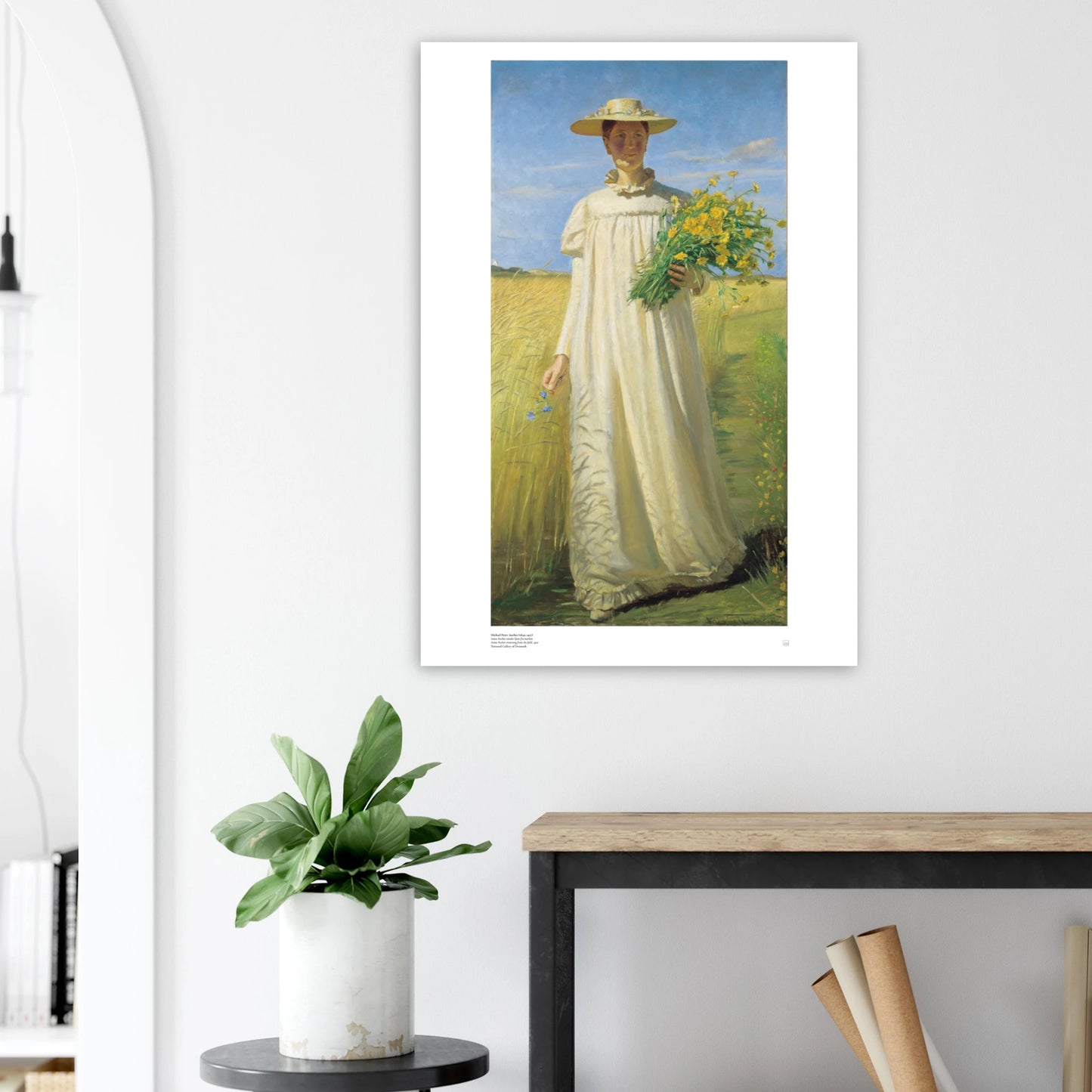 Michael Peter Ancher, ‘Anna Ancher Returning from the Field’ — Danish poster with Skagen light, warm earth tones, and poised figure walking home on wall.