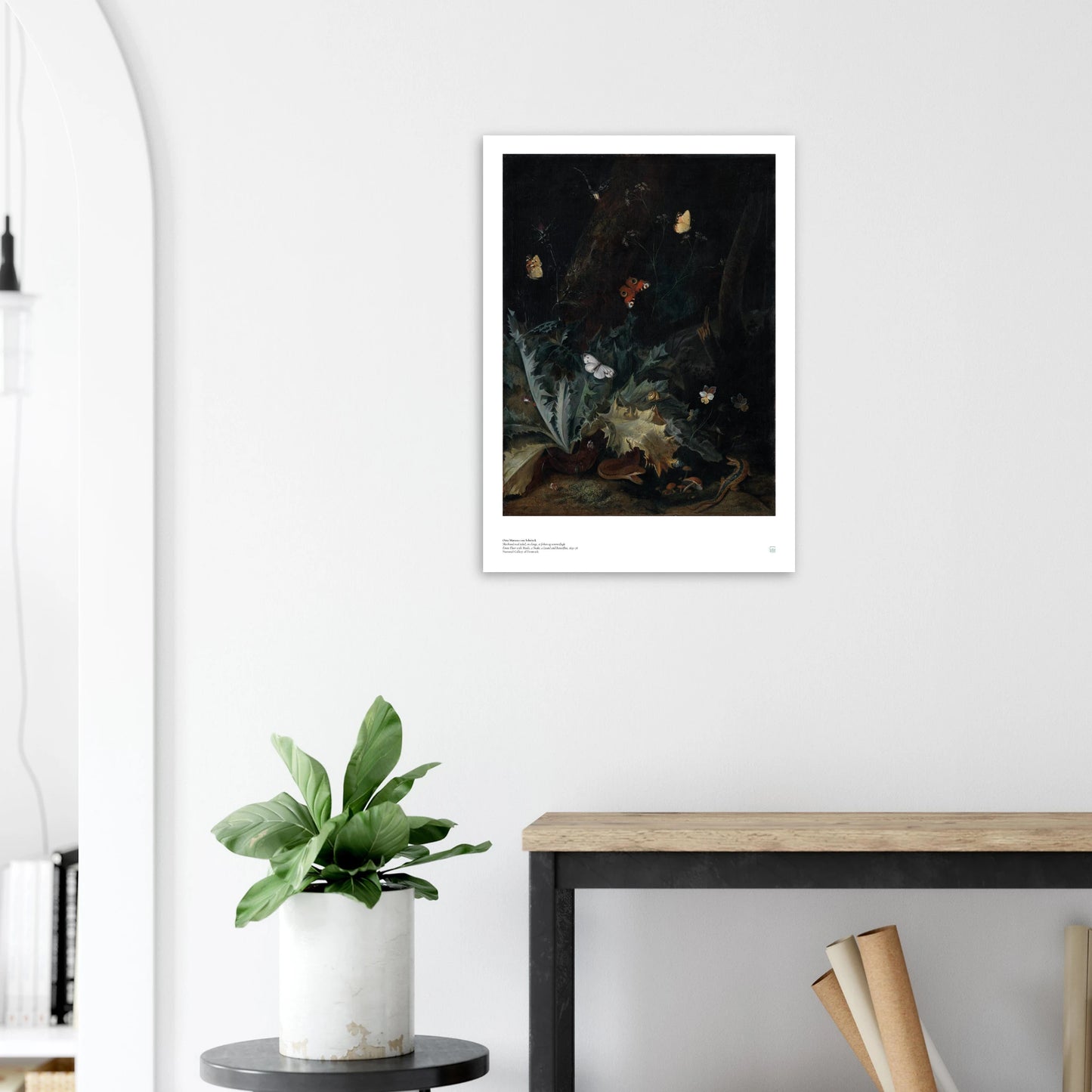 Otto Marseus van Schrieck, ‘Forest Floor with Thistle, Snake, Lizard & Butterflies’ — nature still life poster with dramatic chiaroscuro and detailed fauna on wall.