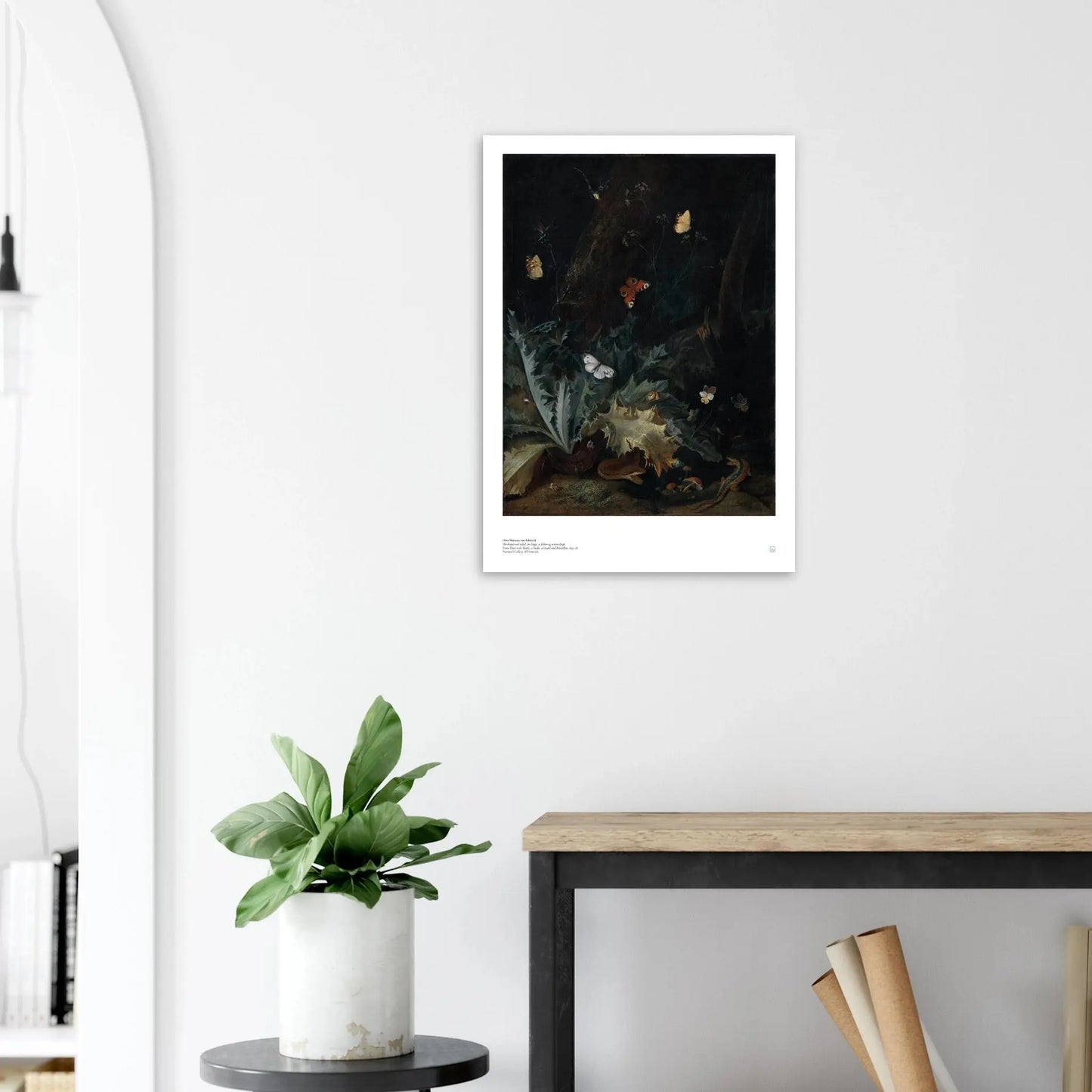 Otto Marseus van Schrieck, ‘Forest Floor with Thistle, Snake, Lizard & Butterflies’ — nature still life poster with dramatic chiaroscuro and detailed fauna on wall.