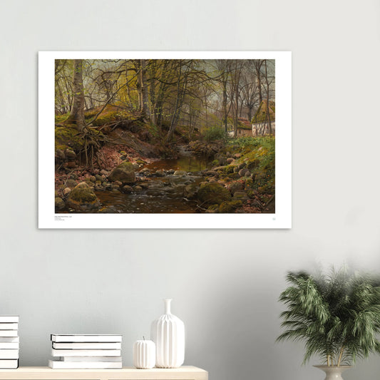 Peder Mørk Mønsted, ‘A Forest Stream’ (1905) — Danish landscape poster with luminous water reflections, mossy banks, and precise green foliage on wall.