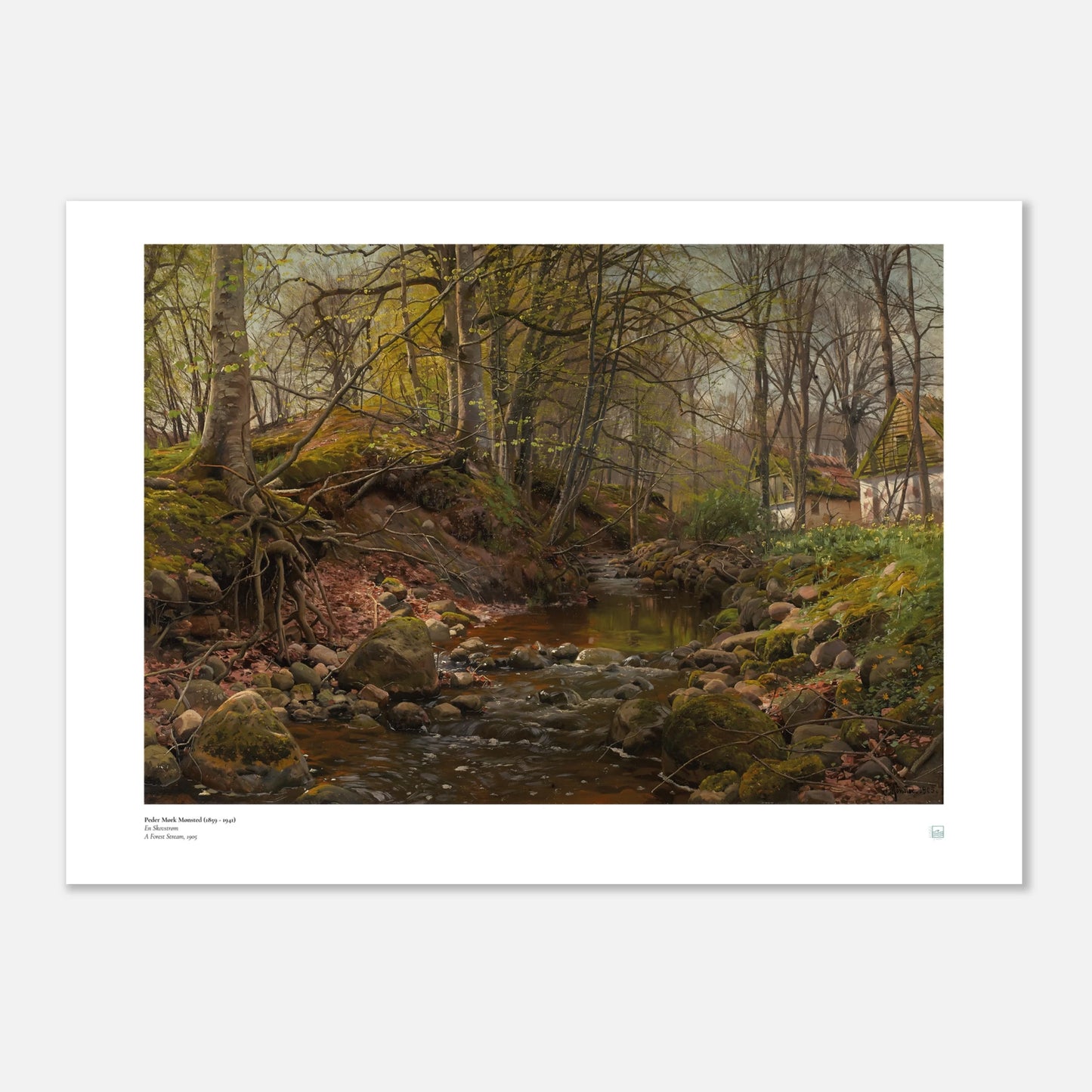 Peder Mørk Mønsted, ‘A Forest Stream’ (1905) — Danish landscape poster with luminous water reflections, mossy banks, and precise green foliage.