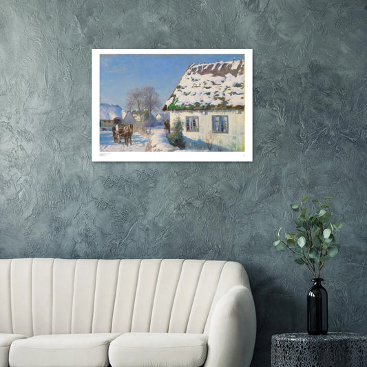 Peder Mørk Mønsted, ‘A Village in the Snow’ (1929) — Danish winter landscape poster with snowy village, thatched cottages, and crisp Nordic light on wall.