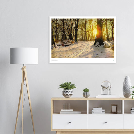 Peder Mørk Mønsted, ‘Winter Day, Charlottenlund Forest’ — Danish winter landscape poster with soft snow, blue-grey light, and quiet trees on wall.