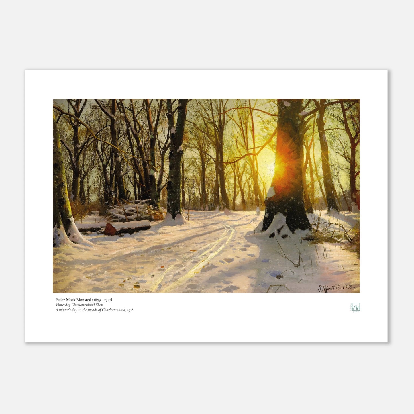 Peder Mørk Mønsted, ‘Winter Day, Charlottenlund Forest’ — Danish winter landscape poster with soft snow, blue-grey light, and quiet trees.