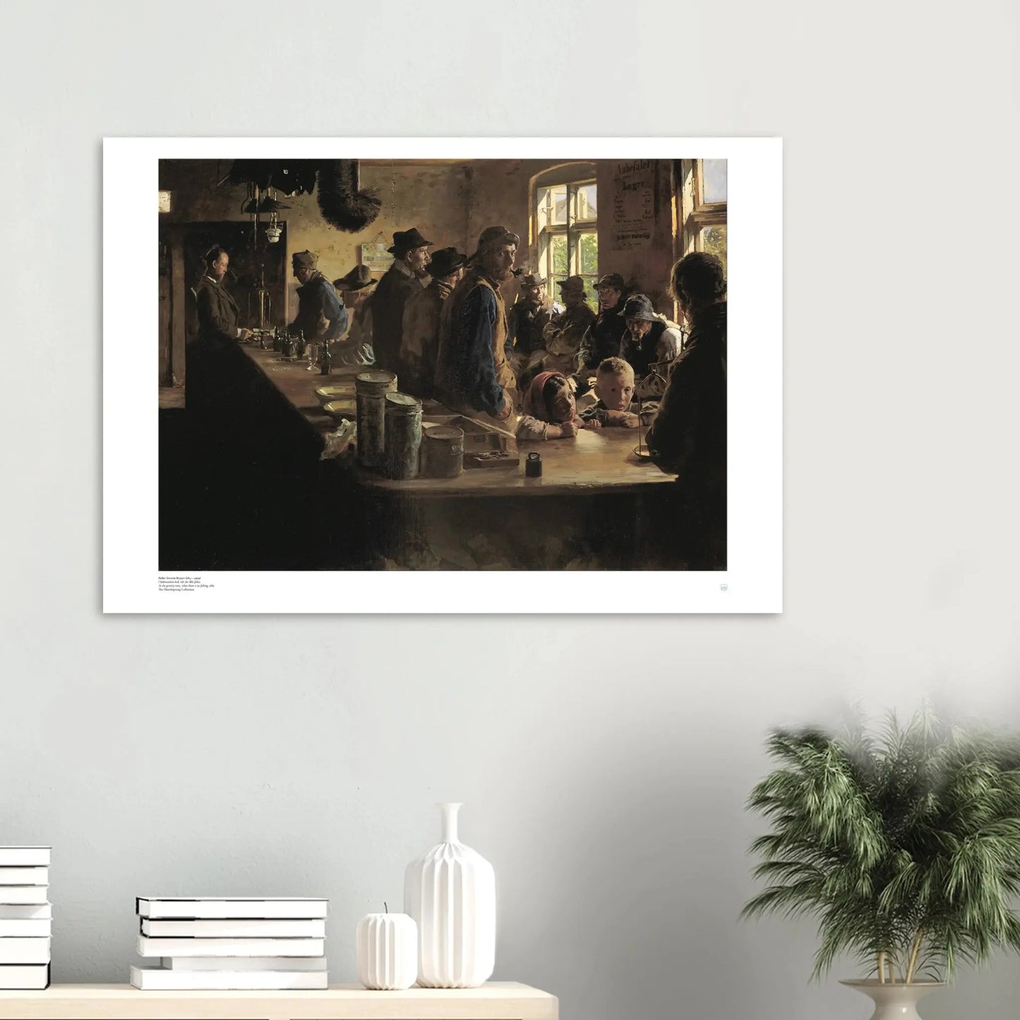 P.S. Krøyer, ‘At the Grocer’s’ (1882) — Danish genre poster with warm shop interior, stacked goods, and quiet conversation on wall.