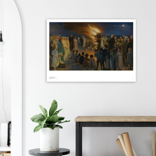 P.S. Krøyer, ‘Midsummer Eve Bonfire on Skagen’s Beach’ (1906) — Danish coastal poster with blue-hour sky, glowing bonfire, and gathering by the sea on wall.