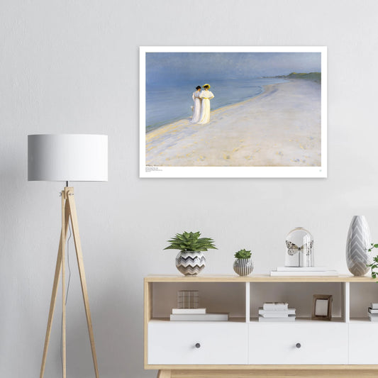 P.S. Krøyer, ‘Summer Evening on Skagen’s Beach’ (1893) — Danish coastal poster in blue-hour light with two figures walking by the sea on wall.
