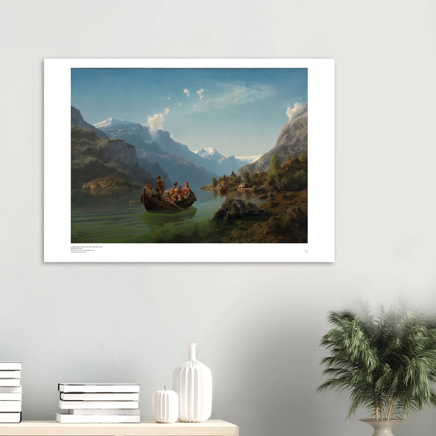 Adolph Tidemand & Hans Gude, ‘Bridal Procession on the Hardangerfjord’ (1848) — Norwegian fjord poster with bridal boats, mountains, and waterfalls on wall.