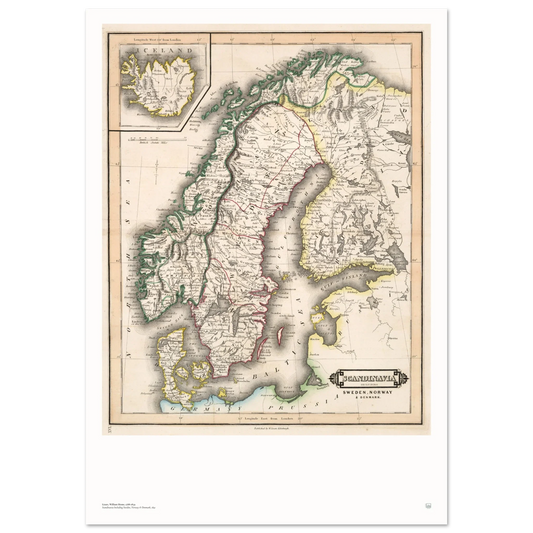 Historic map of Scandinavia showing Sweden, Norway and Denmark