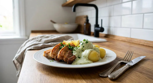 Danish Crispy Pork Belly Slices with Parsley Sauce (Stegt Flæsk med Persillesovs)