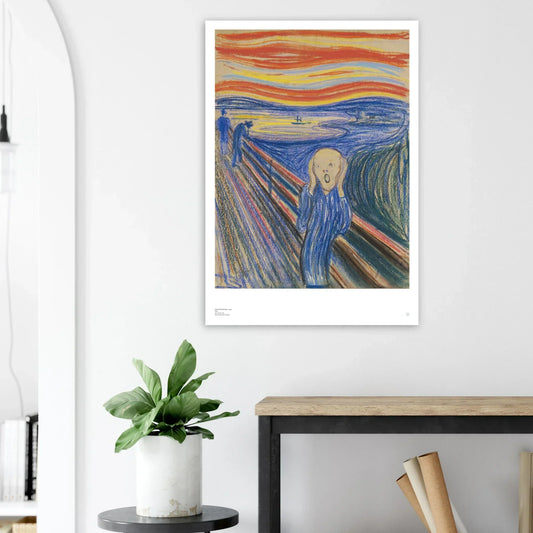 Edvard Munch, ‘The Scream’ (1895, pastel) — Norwegian poster with sharp graphic contours, saturated sky bands, and iconic central figure on wall.