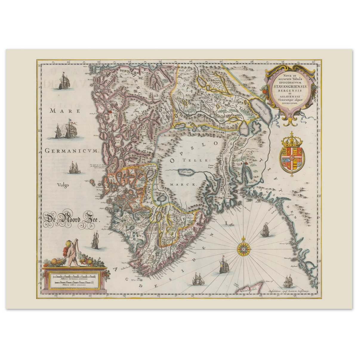 Historisk kort over det sydlige Norge af Johannes Janssonius med Stavanger, Bergen og Oslo bispedømmer.