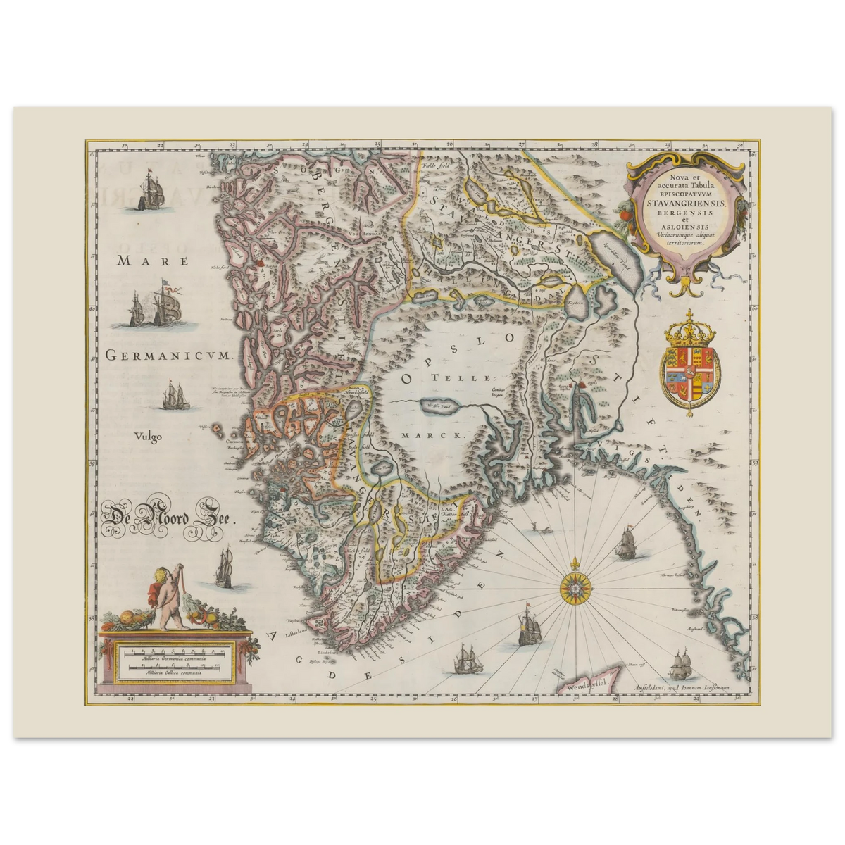 Historisk kort over det sydlige Norge af Johannes Janssonius med Stavanger, Bergen og Oslo bispedømmer.