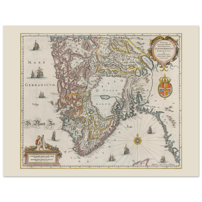 Historisk kort over det sydlige Norge af Johannes Janssonius med Stavanger, Bergen og Oslo bispedømmer.