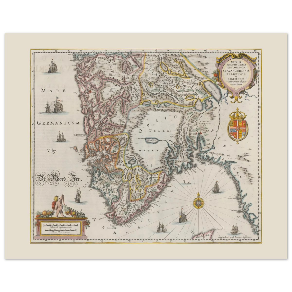 Historisk kort over det sydlige Norge af Johannes Janssonius med Stavanger, Bergen og Oslo bispedømmer.