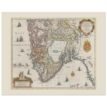 Historisk kort over det sydlige Norge af Johannes Janssonius med Stavanger, Bergen og Oslo bispedømmer.