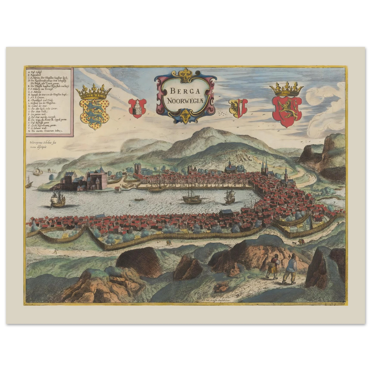Historisk byprospekt af Bergen fra Civitates orbis terrarum-traditionen med byen omkring havnen.