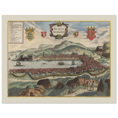 Historisk byprospekt af Bergen fra Civitates orbis terrarum-traditionen med byen omkring havnen.