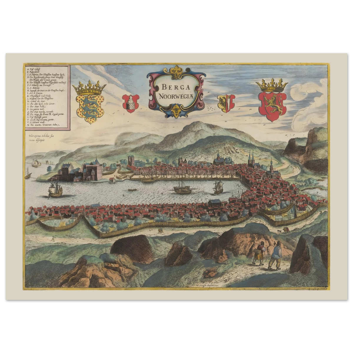 Historisk byprospekt af Bergen fra Civitates orbis terrarum-traditionen med byen omkring havnen.