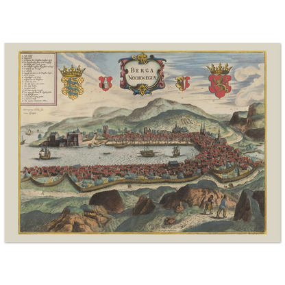Historisk byprospekt af Bergen fra Civitates orbis terrarum-traditionen med byen omkring havnen.