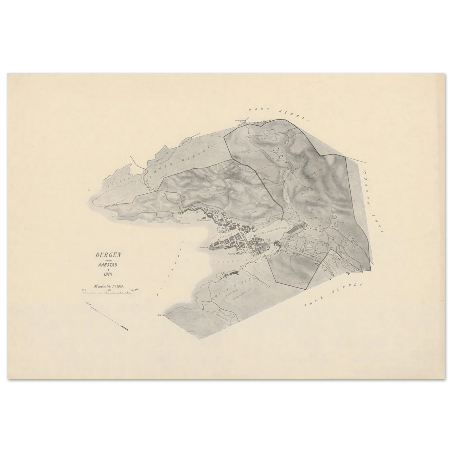 Bergen and Aarstad 1914 map print Norwegian wall art