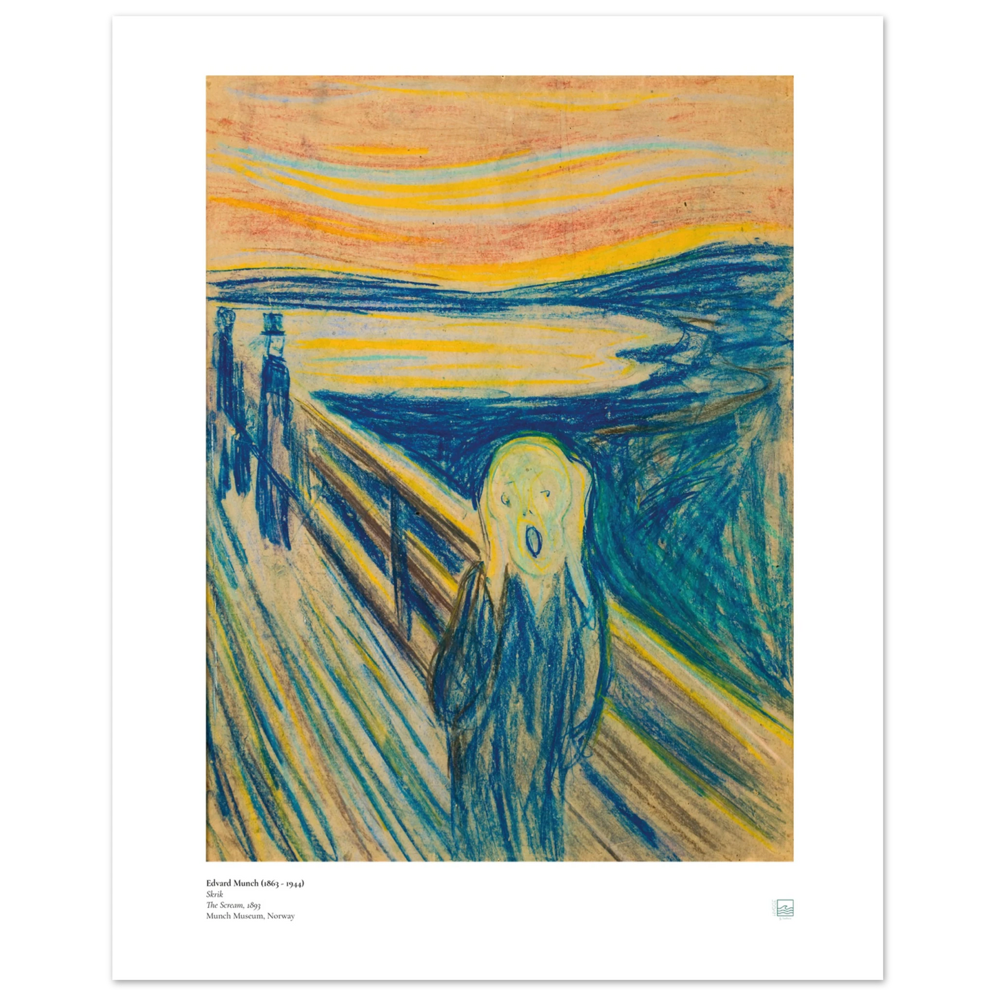 Edvard Munch, ‘The Scream’ (1893, pastel) — Norwegian poster with textured pastel strokes, sharp bridge lines, and anguished figure.
40x50 cm / 16x20