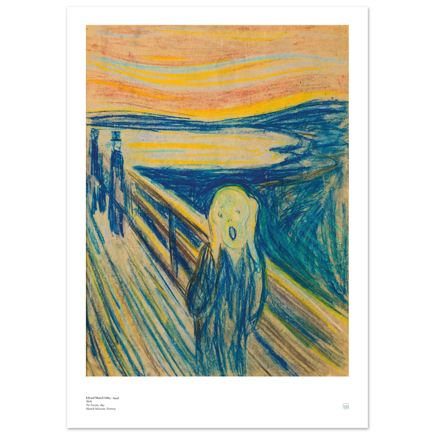 Edvard Munch, ‘The Scream’ (1893, pastel) — Norwegian poster with textured pastel strokes, sharp bridge lines, and anguished figure.
50x70 cm / 20x28