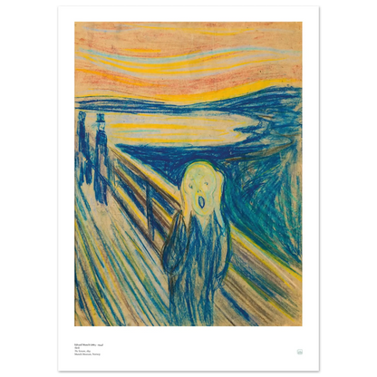 Edvard Munch, ‘The Scream’ (1893, pastel) — Norwegian poster with textured pastel strokes, sharp bridge lines, and anguished figure.
50x70 cm / 20x28