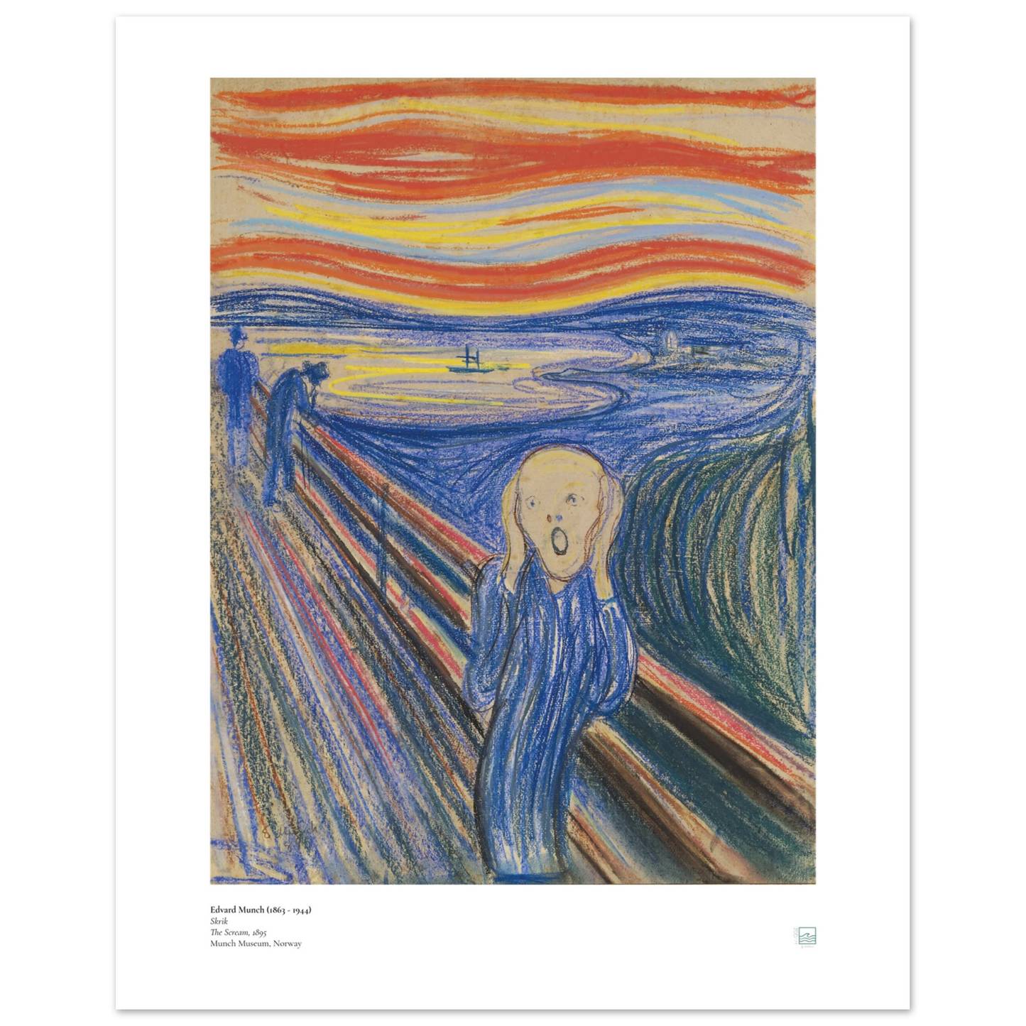 Edvard Munch, ‘The Scream’ (1895, pastel) — Norwegian poster with sharp graphic contours, saturated sky bands, and iconic central figure on wall.
30x40 cm / 12x16″