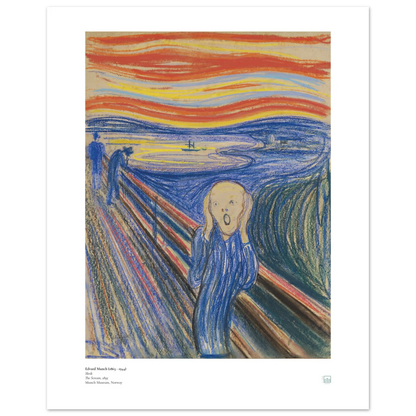 Edvard Munch, ‘The Scream’ (1895, pastel) — Norwegian poster with sharp graphic contours, saturated sky bands, and iconic central figure on wall.
30x40 cm / 12x16″