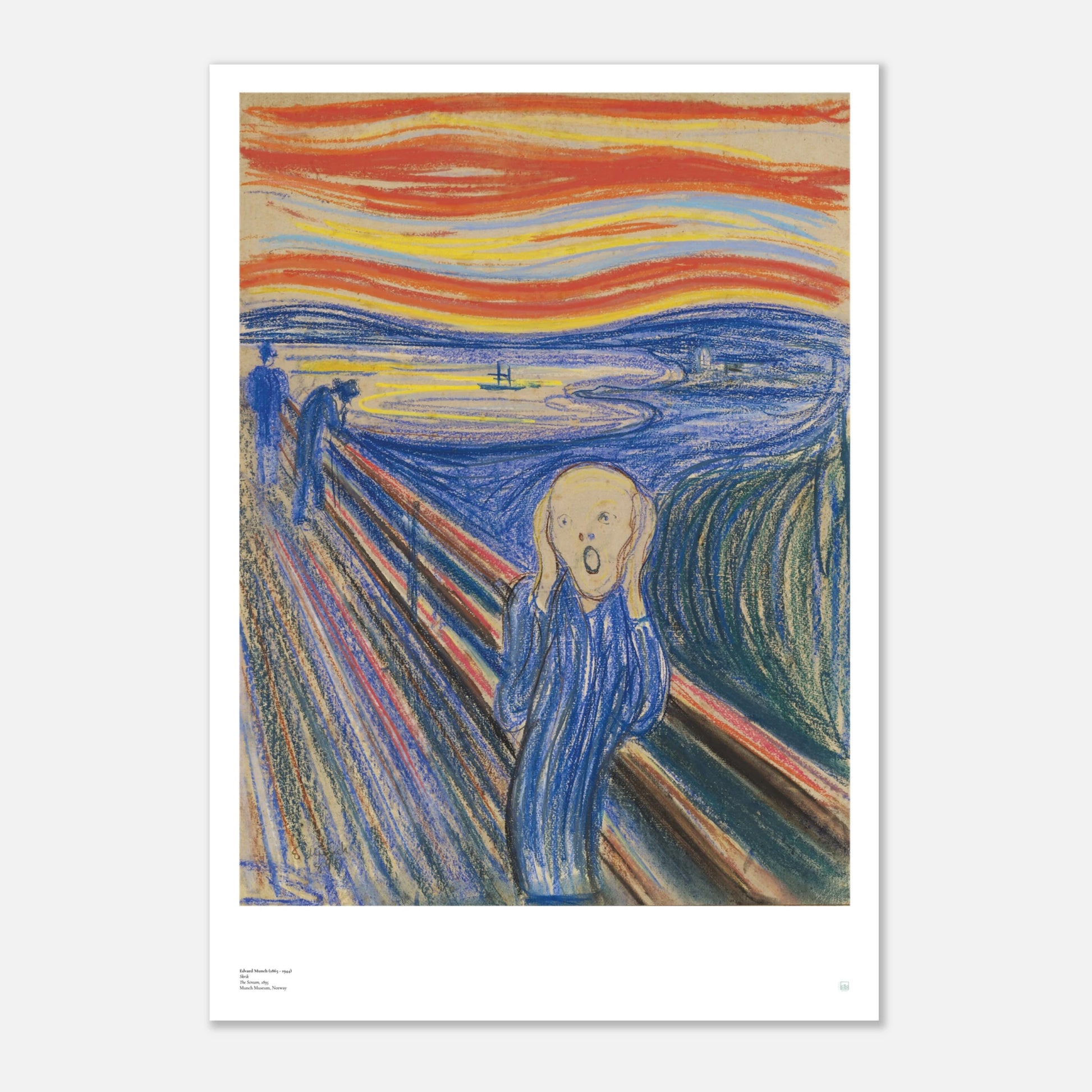Edvard Munch, ‘The Scream’ (1895, pastel) — Norwegian poster with sharp graphic contours, saturated sky bands, and iconic central figure on wall. 
70x100 cm / 28x40″