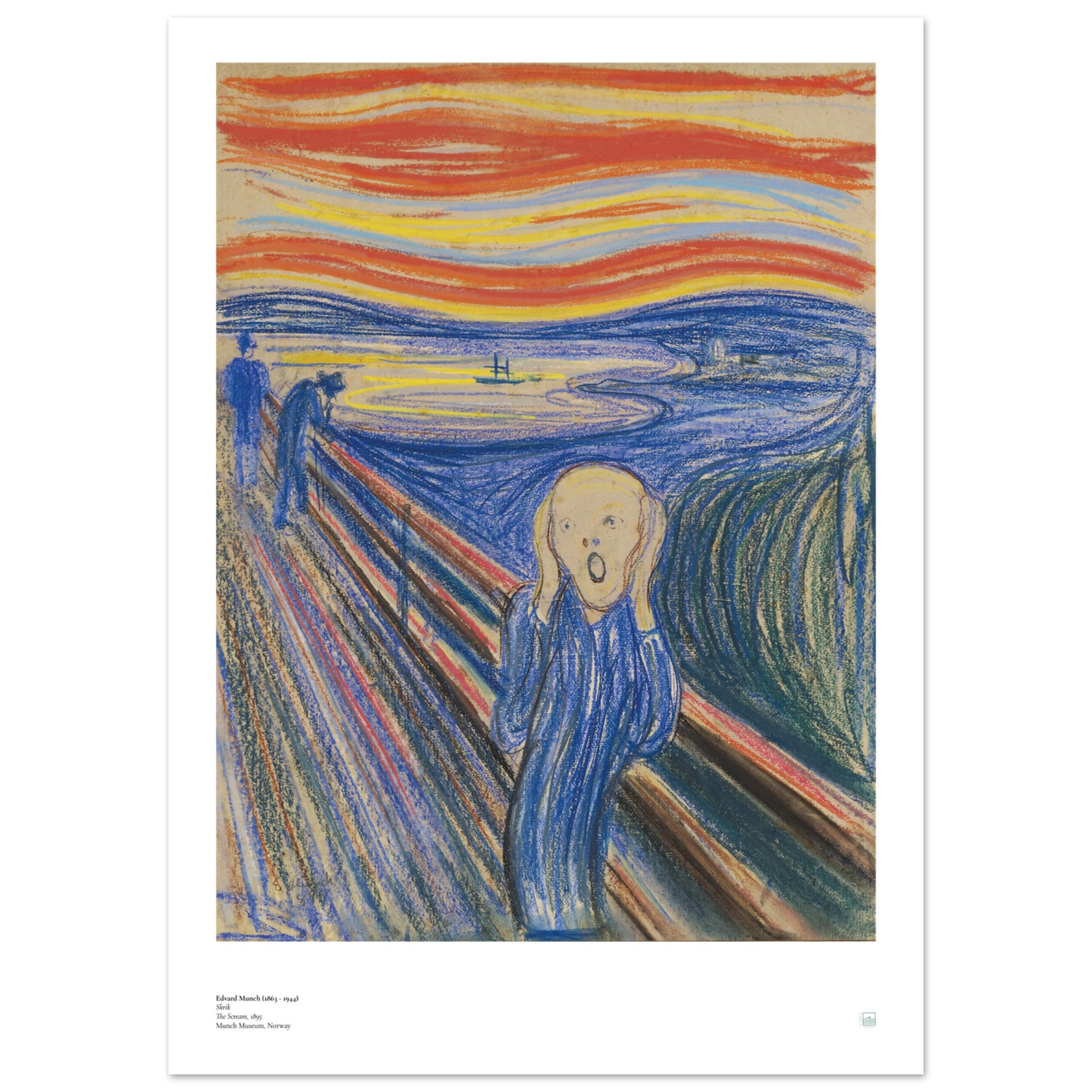 Edvard Munch, ‘The Scream’ (1895, pastel) — Norwegian poster with sharp graphic contours, saturated sky bands, and iconic central figure on wall. 
50x70 cm / 20x28″