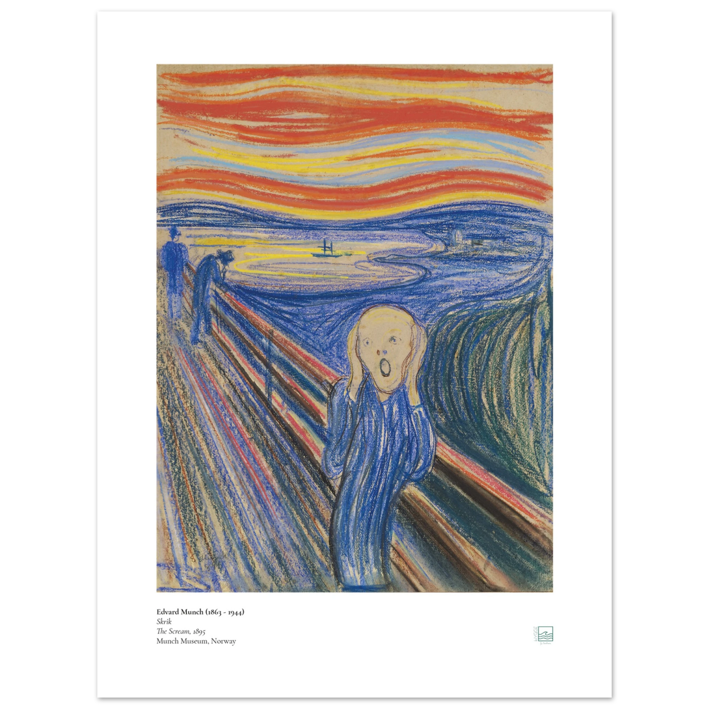 Edvard Munch, ‘The Scream’ (1895, pastel) — Norwegian poster with sharp graphic contours, saturated sky bands, and iconic central figure on wall. 
40x50 cm / 16x20