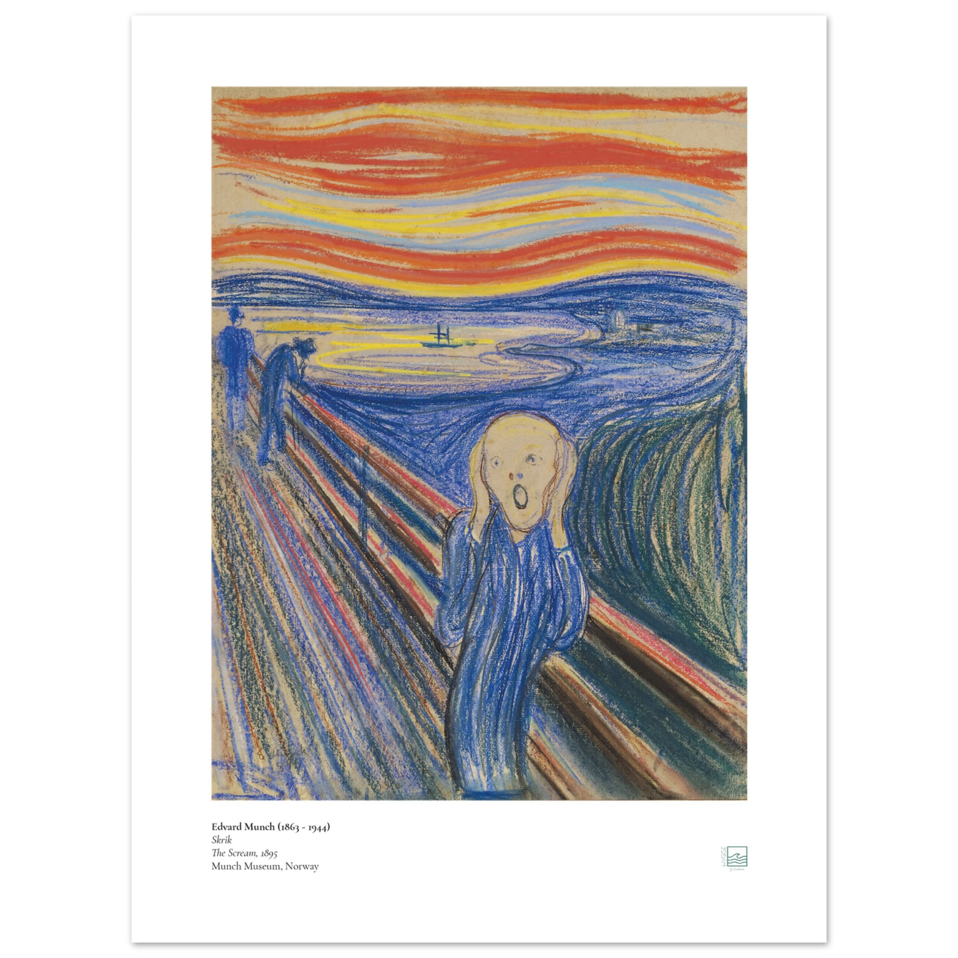 Edvard Munch, ‘The Scream’ (1895, pastel) — Norwegian poster with sharp graphic contours, saturated sky bands, and iconic central figure on wall. 
40x50 cm / 16x20