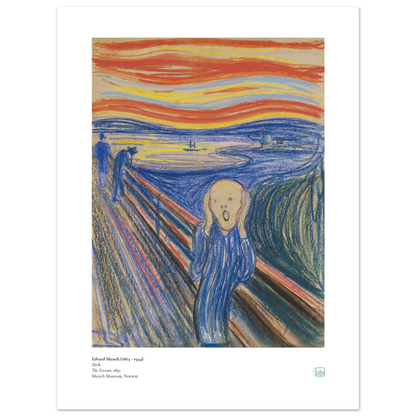Edvard Munch, ‘The Scream’ (1895, pastel) — Norwegian poster with sharp graphic contours, saturated sky bands, and iconic central figure on wall. 
40x50 cm / 16x20