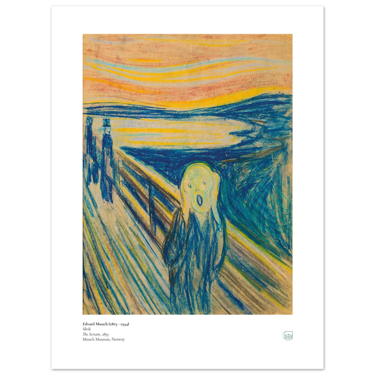 Edvard Munch, ‘The Scream’ (1893, pastel) — Norwegian poster with textured pastel strokes, sharp bridge lines, and anguished figure.
30x40 cm / 12x16