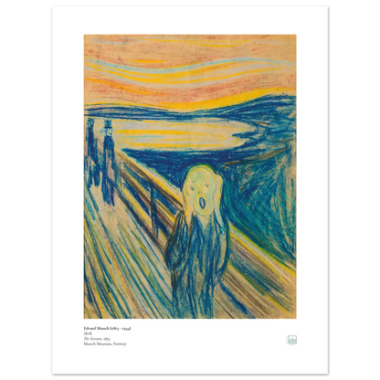 Edvard Munch, ‘The Scream’ (1893, pastel) — Norwegian poster with textured pastel strokes, sharp bridge lines, and anguished figure.
30x40 cm / 12x16