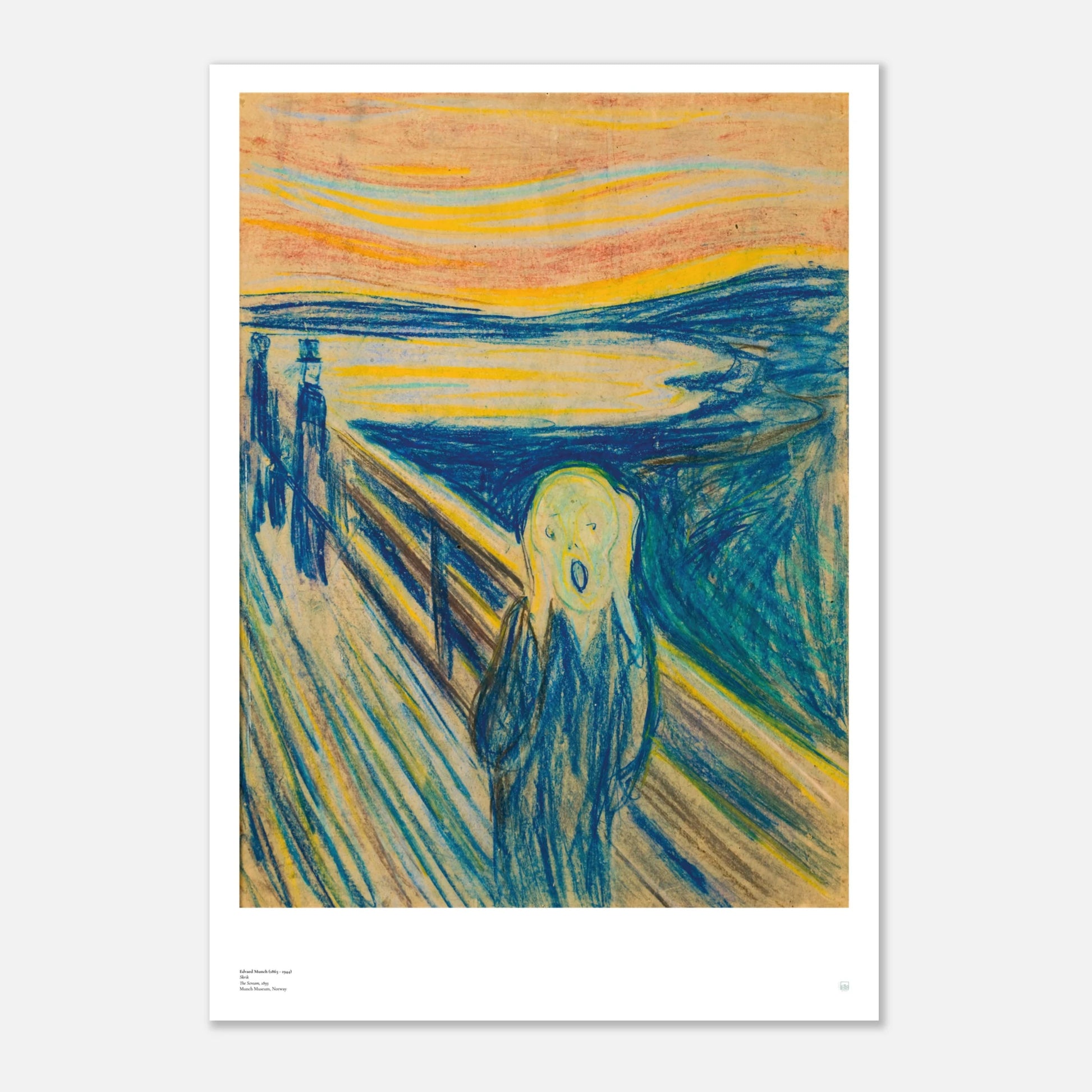 Edvard Munch, ‘The Scream’ (1893, pastel) — Norwegian poster with textured pastel strokes, sharp bridge lines, and anguished figure.
70x100 cm / 28x40