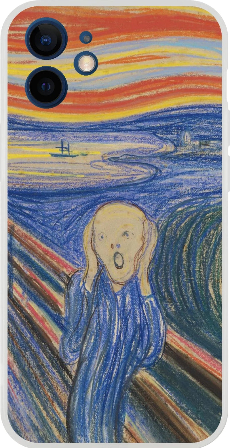 Edvard Munch, ‘The Scream’ (1895, pastel) — frosted Flexi TPU iPhone case with bold graphic lines and saturated sky.