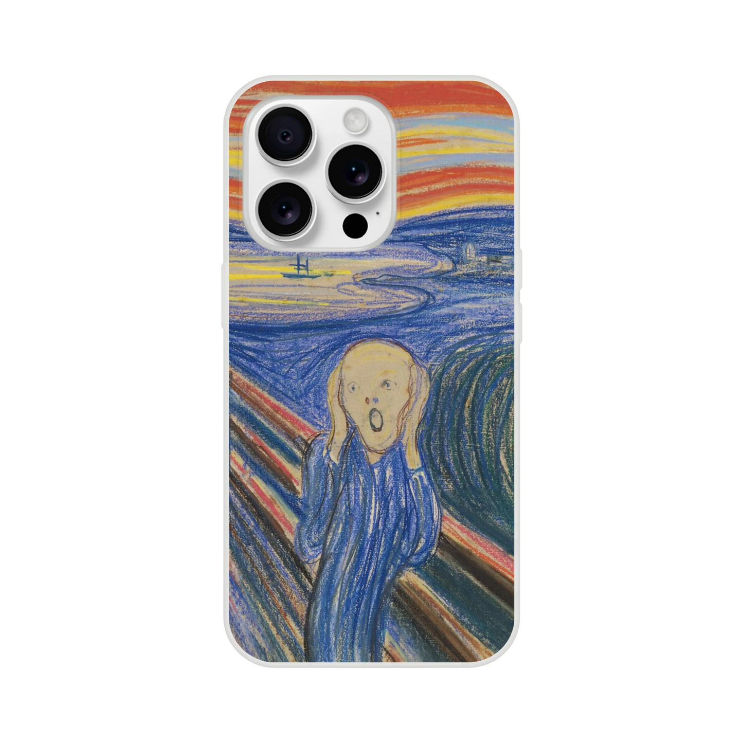 Edvard Munch, ‘The Scream’ (1895, pastel) — frosted Flexi TPU iPhone case with bold graphic lines and saturated sky.