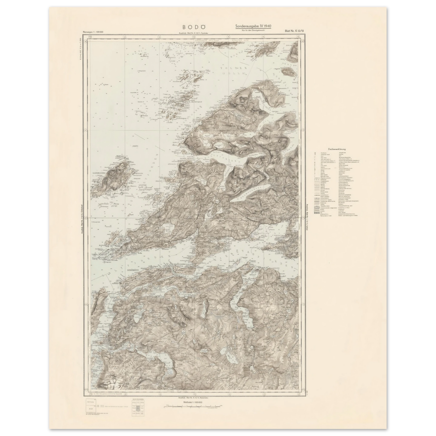 Historic Bodø map poster with fjords and islands